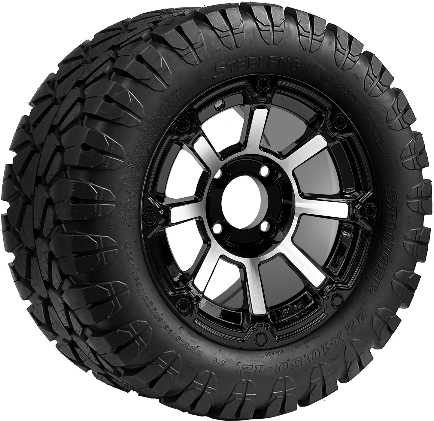 SGC 12″ Cyclops Machined/Black Wheel – Aluminum Alloy / STEELENG 22″x10.5″-12″ STINGER All Terrain Tire DOT approved