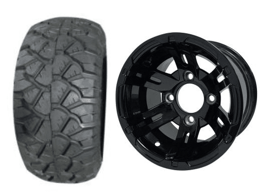 SGC 10″ x 7″ Bulldog Glossy Black Wheel – Aluminum Alloy / STEELENG 18″x9″-10″ STINGER All Terrain Tire DOT approved