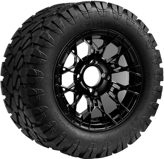 SGC 12″ Tarantula Glossy Black Wheel – Aluminum Alloy / STEELENG 22″x10.5″-12″ STINGER All Terrain Tire DOT approved